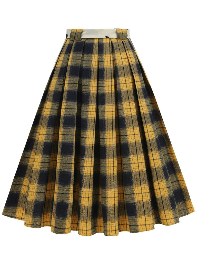 1950s Polka Dot Belt Plaid Pleated Skirt