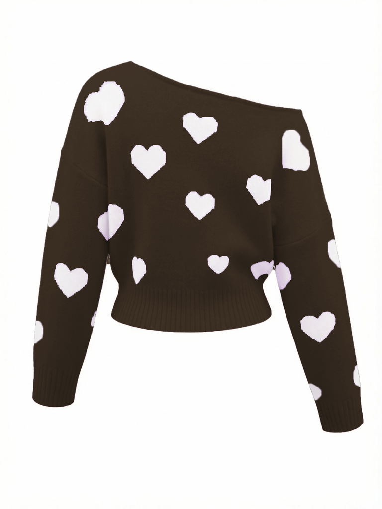 1970s Valentine Heart Asymmetrical Shoulder Pullover Sweater