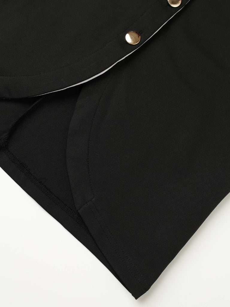 Black 1960s Sleeveless Lapel Button Bodycon Dress