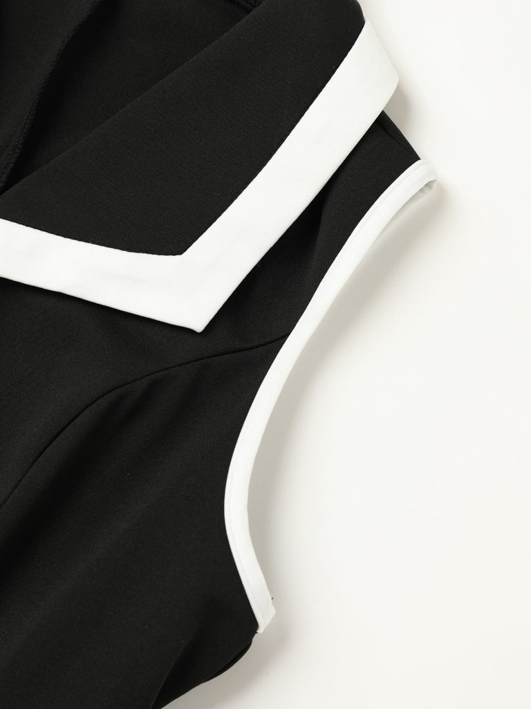 Black 1960s Sleeveless Lapel Button Bodycon Dress