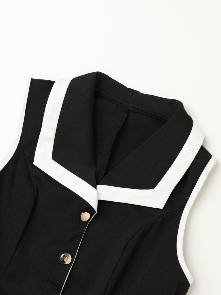 Black 1960s Sleeveless Lapel Button Bodycon Dress