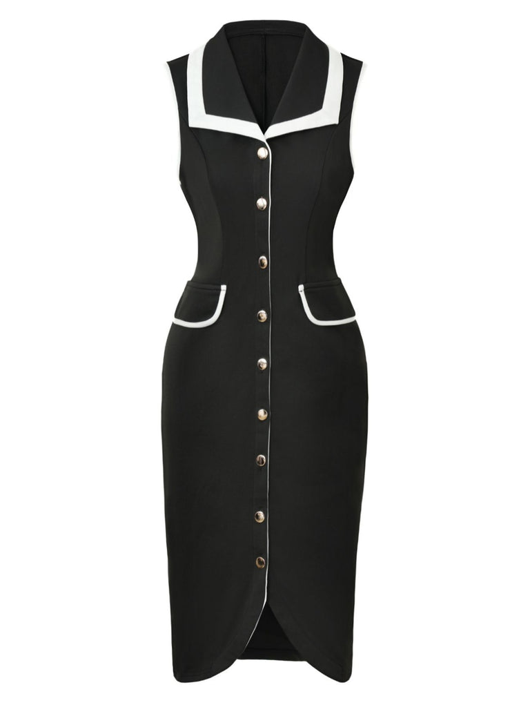 Black 1960s Sleeveless Lapel Button Bodycon Dress