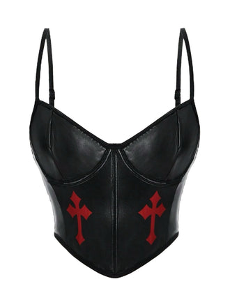 Black 1970s Gothic Cross Faux Leather Cami Top