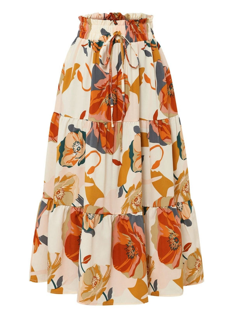 1970s Boho Floral Bow Tiered Skirt
