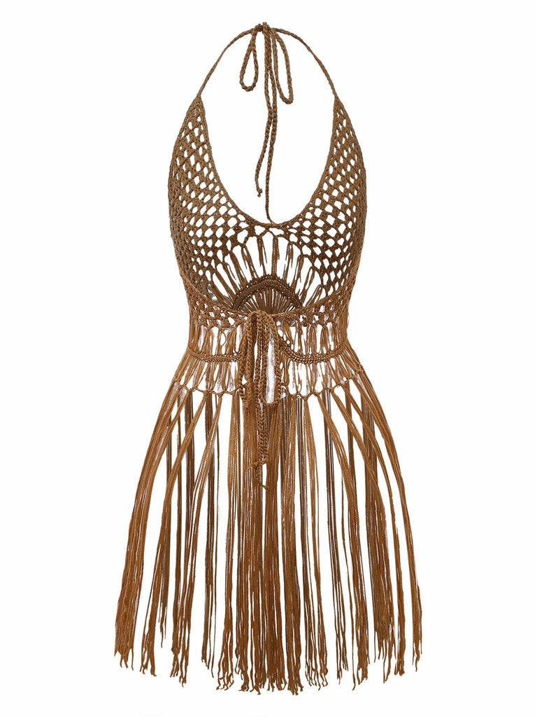 1960s Crochet Fringe Cutout Halter Bikini Cover-Up