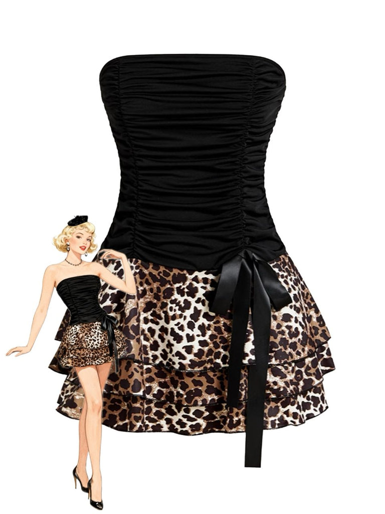 1980s Wrap Leopard Ruffle Tie Mini Dress