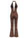 Brown 1970s Solid Lace-Up Floral Lace Jumpsuit