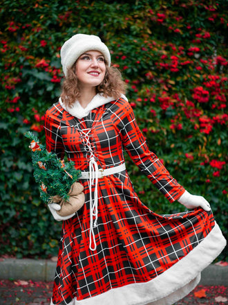 Red 1950s Plaid Lace-up Hooded Dress