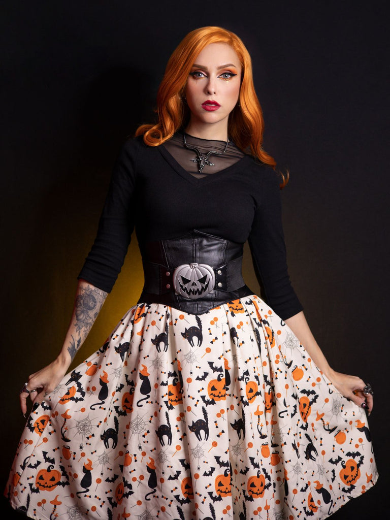 1950s Halloween Pumpkin Cat Knitted Top Patchwork Dress