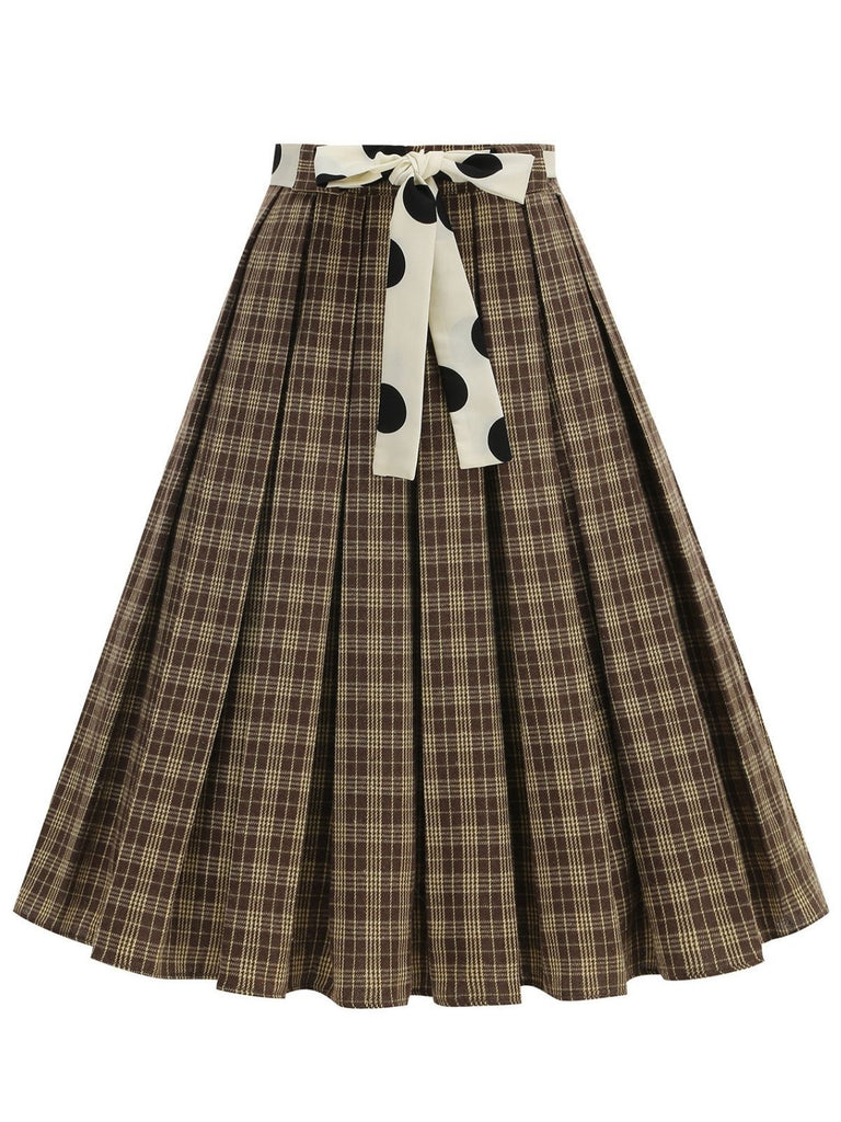 1950s Polka Dot Belt Plaid Pleated Skirt