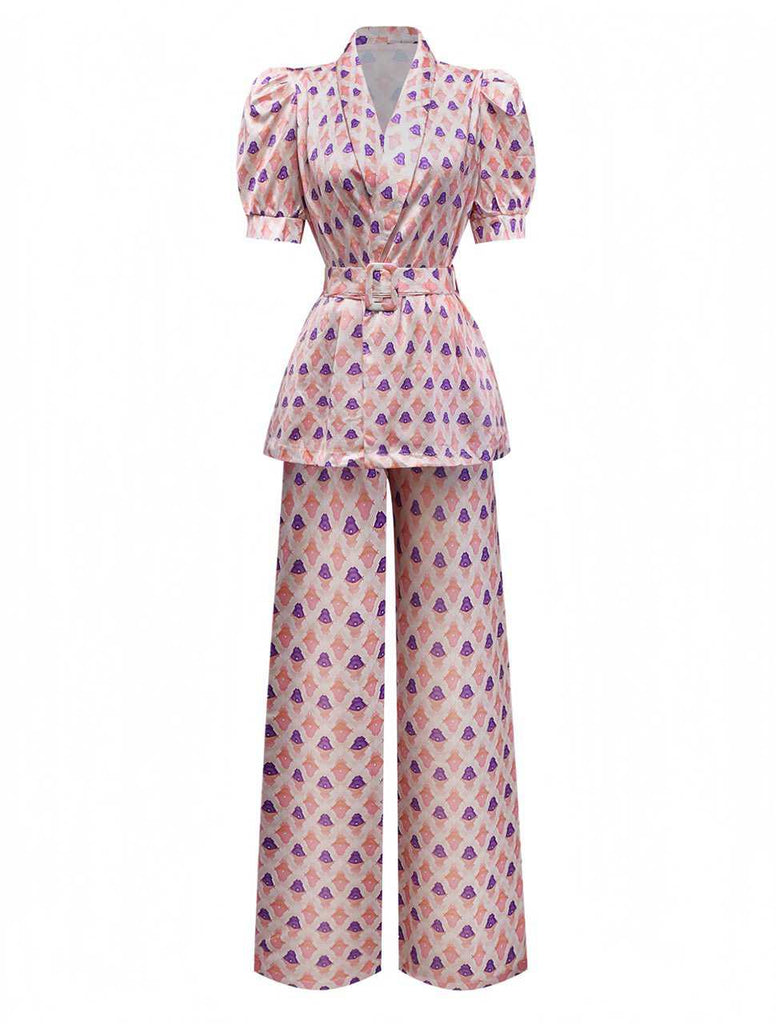 2PCS Pink 1930s Printed Puff Sleeve Belted Blazer & Pants