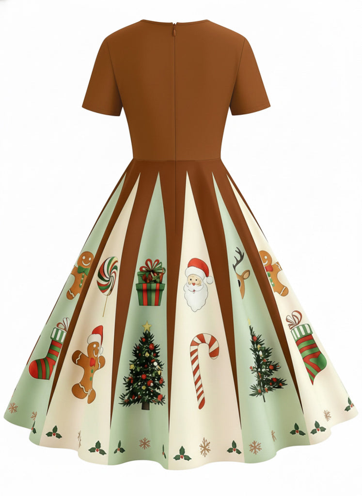 Brown 1950s Christmas Gingerbread Swing Dress