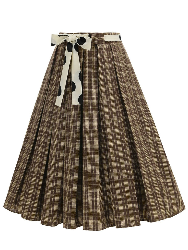 1950s Polka Dot Belt Plaid Pleated Skirt