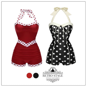 Red 1940s Halter Patchwork One-piece Swimsuit