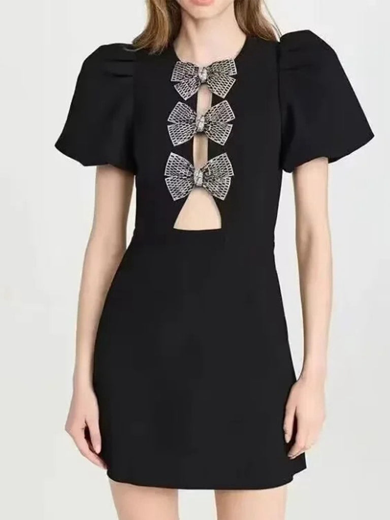 Black 1960s Solid Bow Hollow Puff Dress