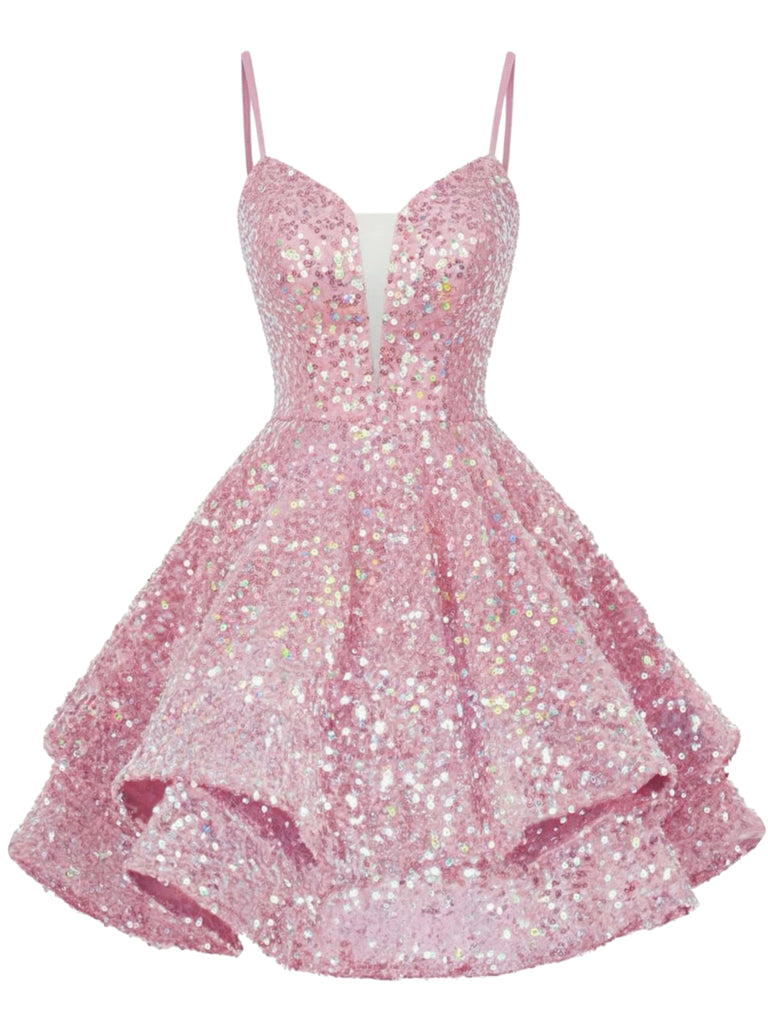 Red 1950s Sequin Deep V-Neck Lace-UP Mini Party Dress