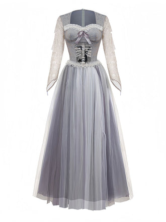 Grey 1930s Halloween Ghost Bride Mesh Dress