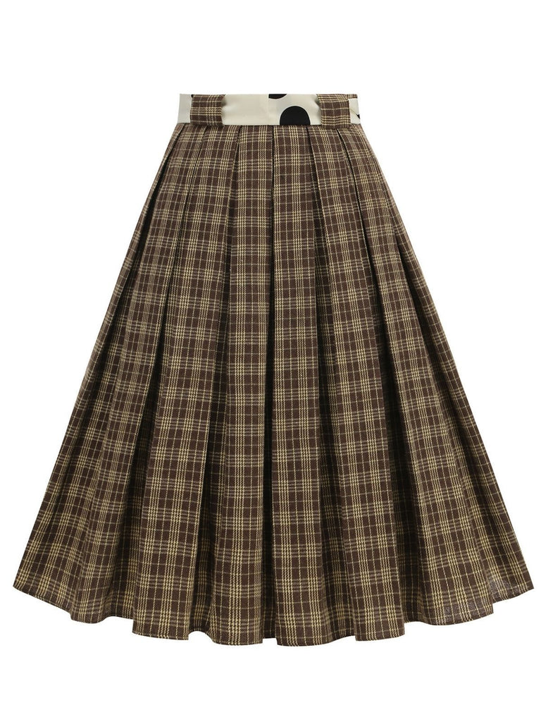 1950s Polka Dot Belt Plaid Pleated Skirt
