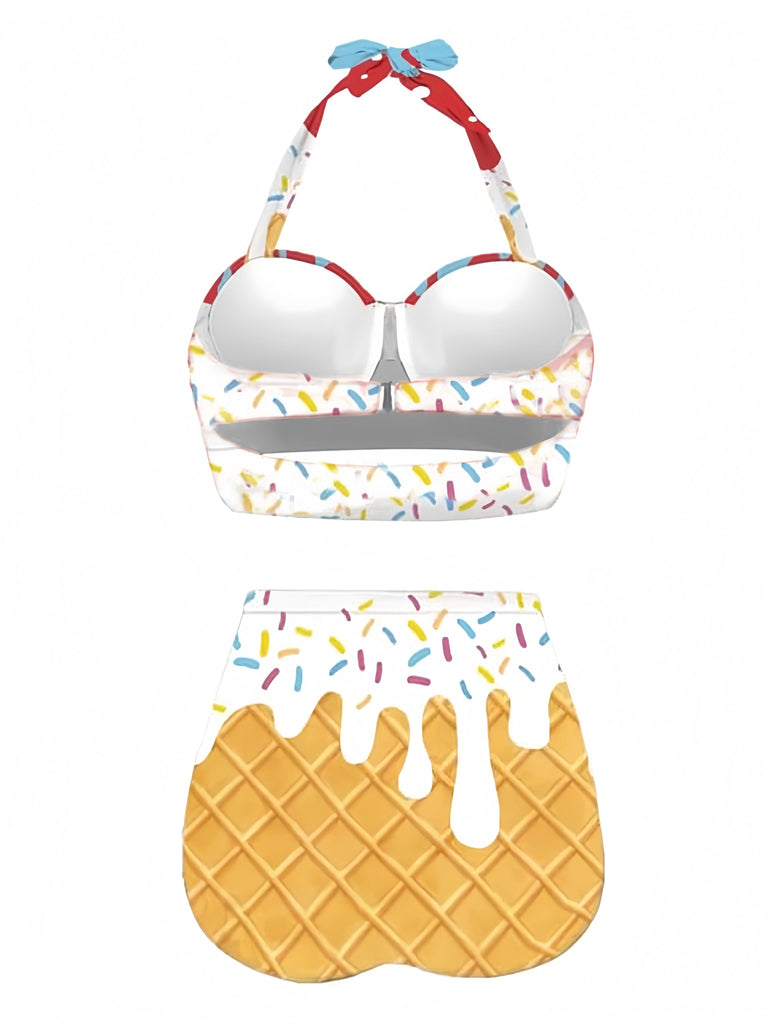 Red 1970s Halter Ice-Cream Cone Bikini Set