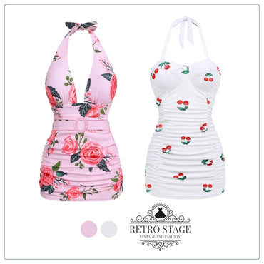 Pink 1930s Roses Halter Belt Swimsuit