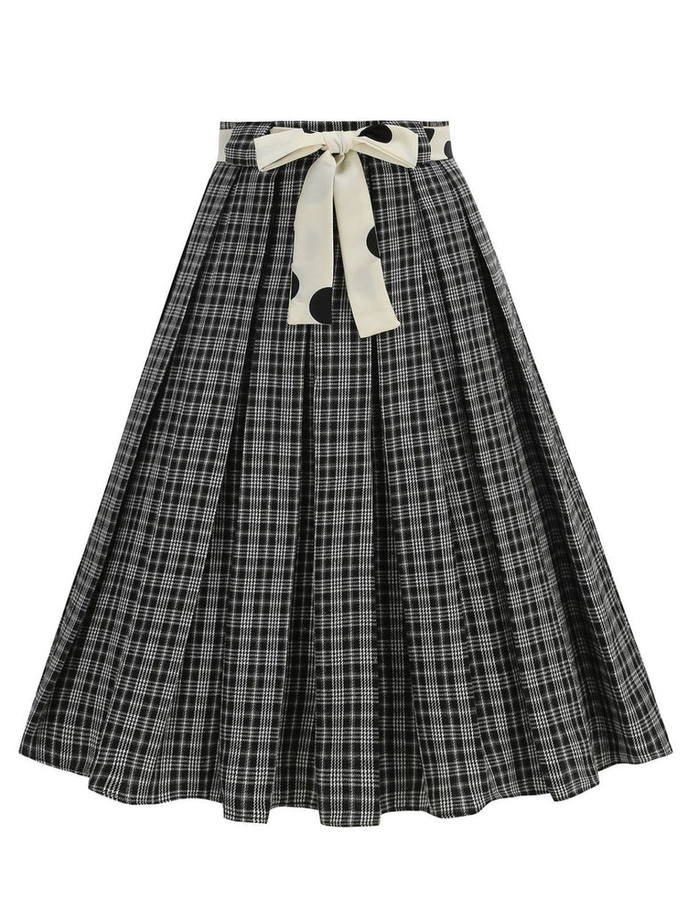 1950s Polka Dot Belt Plaid Pleated Skirt