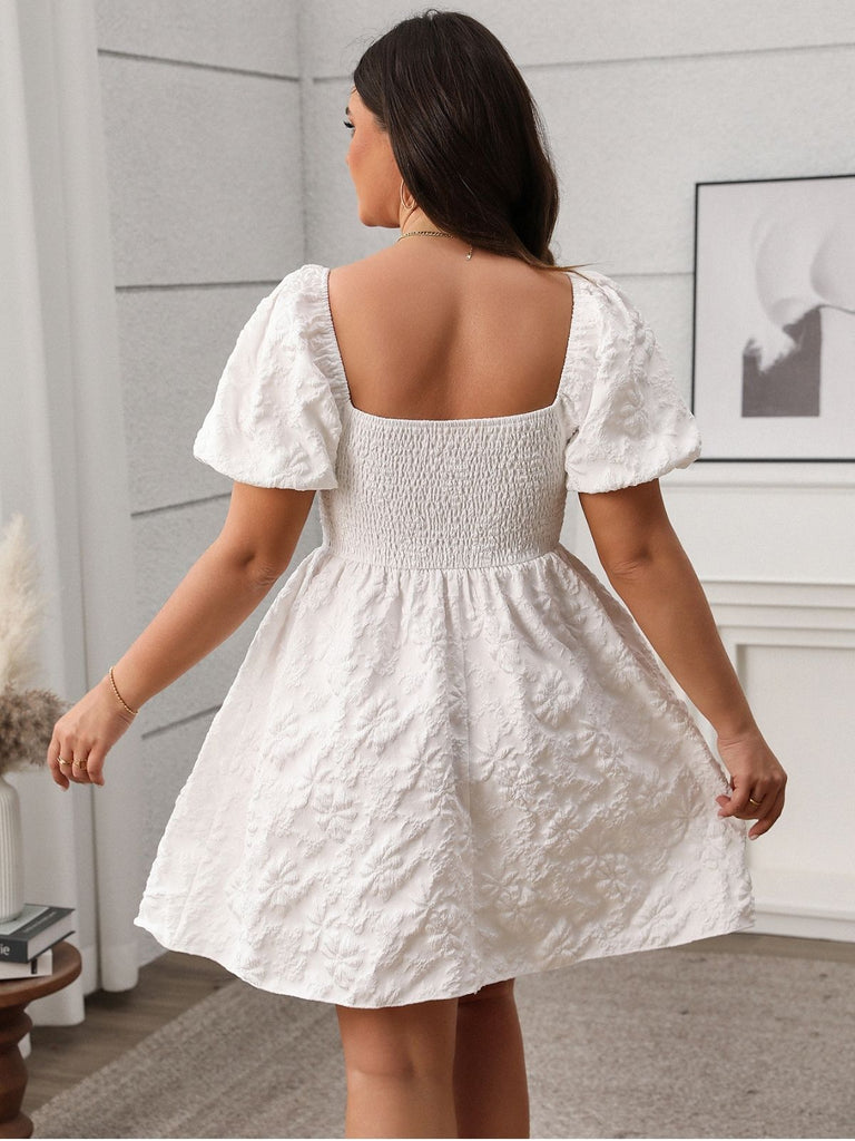 [Plus Size] White 1950s Solid Square Neck Puff Dress