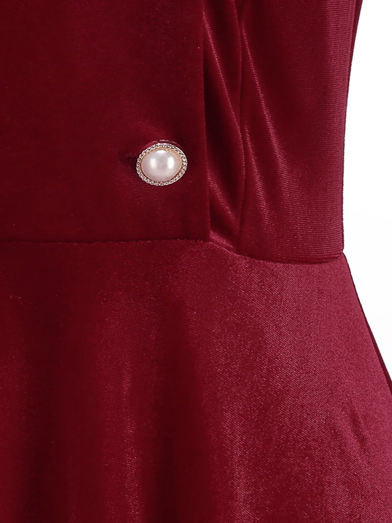 Red 1950s Christmas Velvet Santa Fur Collar Pearl Dress