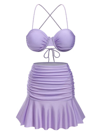 3PCS 1930s Spaghetti Strap Solid Bikini Set - vintage fashion, retro style