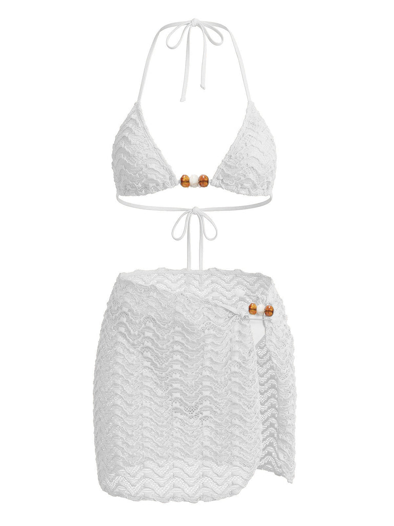 3PCS 1950s Beaded Halter Pleated Bikini Set & Cover-Up - vintage swimsuit, pin-up swimwear for vintage lovers