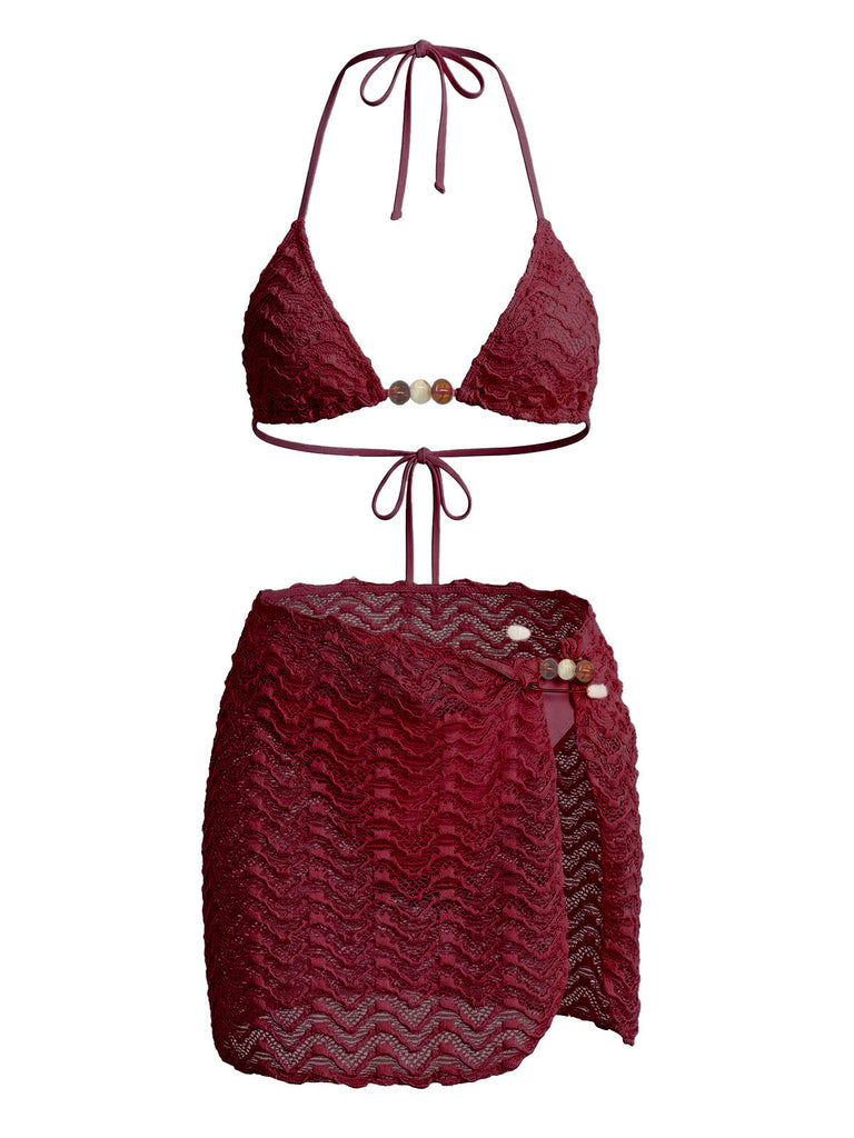 3PCS 1950s Beaded Halter Pleated Bikini Set & Cover-Up - vintage swimsuit, pin-up swimwear for vintage lovers