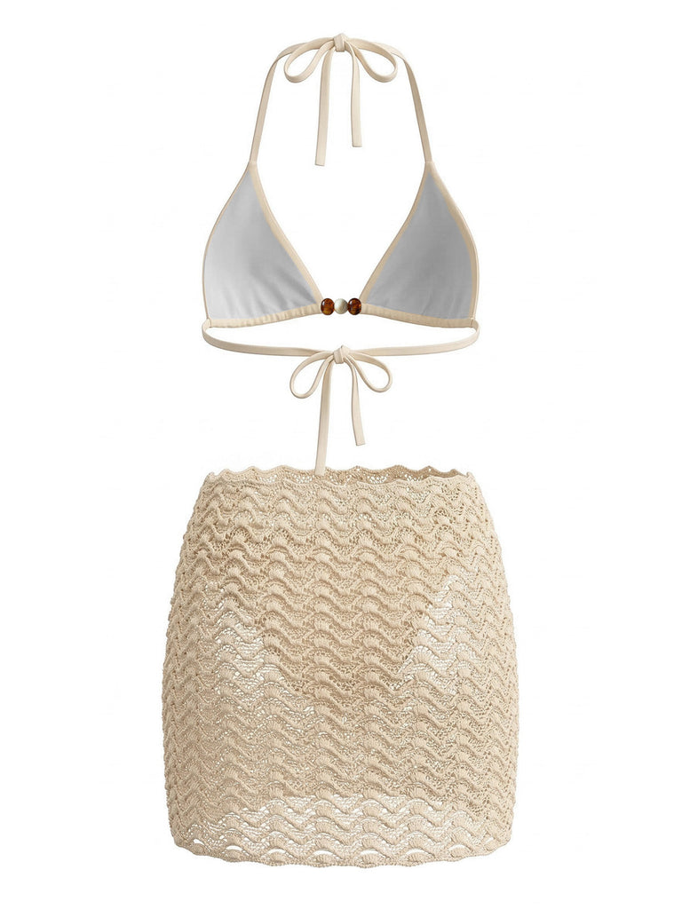 3PCS 1950s Beaded Halter Pleated Bikini Set & Cover-Up - vintage swimsuit, pin-up swimwear for vintage lovers