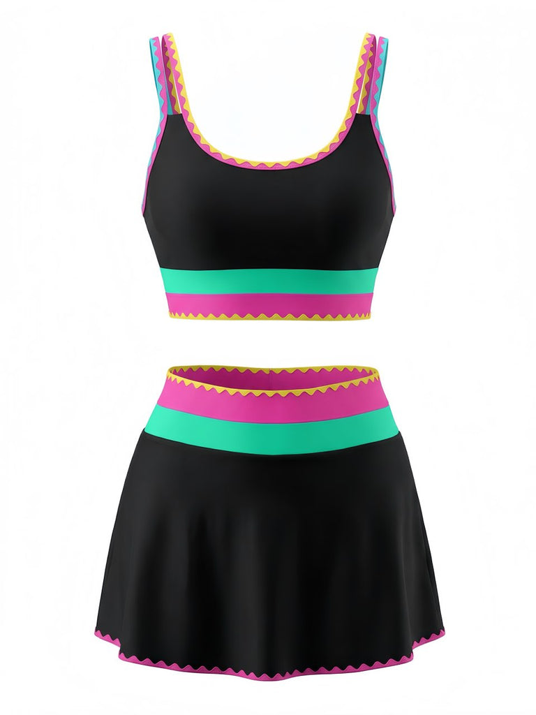 3PCS 1950s Contrast Color Zigzag Trim Tankini Set & Cover-Up: beautiful vintage fashion, retro style, classic elegance with timeless appeal
