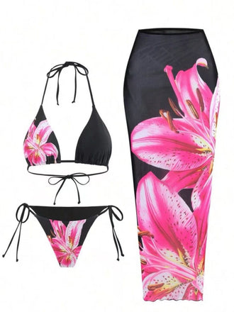 3PCS 1950s Mesh Lily Print Bikini Set & Cover-Up - vintage swimwear, retro swimsuit, pin-up style for vintage lovers