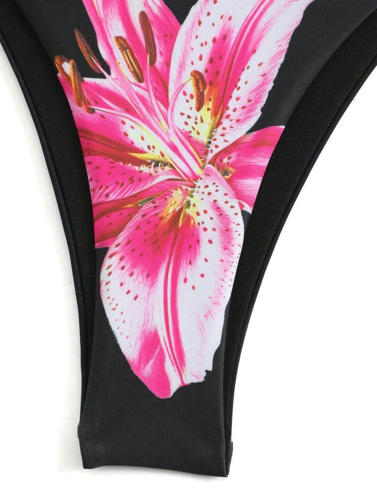 3PCS 1950s Mesh Lily Print Bikini Set & Cover-Up - vintage swimwear, retro swimsuit, pin-up style for vintage lovers