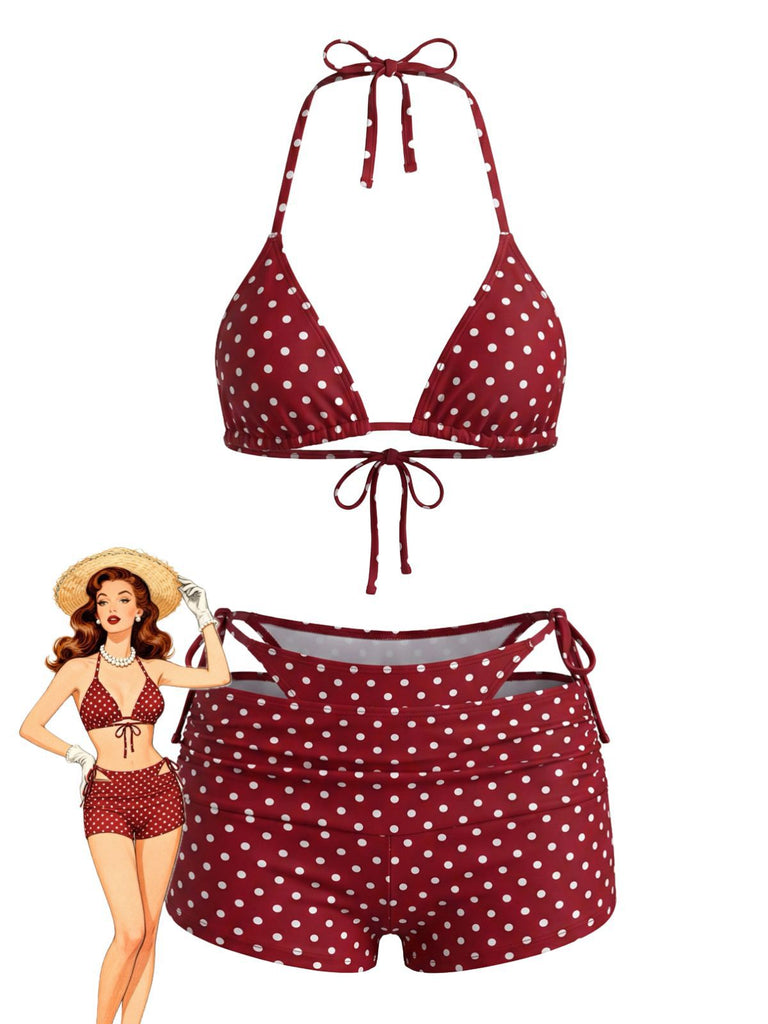 3PCS 1950s Polka Dot Halter Tie Shorts Bikini Set, vintage swimsuit, pin-up swimwear - perfect for women who love vintage and retro fashion