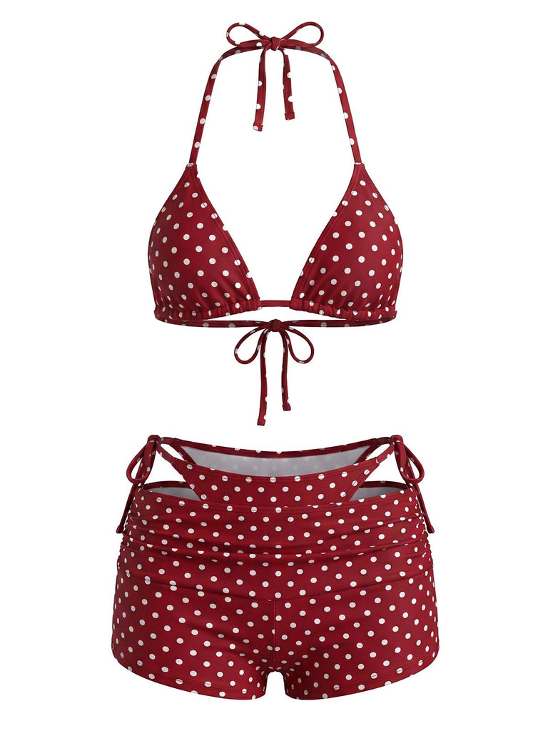 3PCS 1950s Polka Dot Halter Tie Shorts Bikini Set, vintage swimsuit, pin-up swimwear - perfect for women who love vintage and retro fashion
