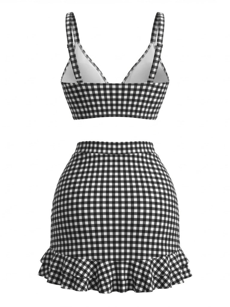 3PCS 1950s Ruffled Hem Plaid Drawstring Tankini Set | vintage fashion, retro style, classic elegance - perfect for retro fashion enthusiasts
