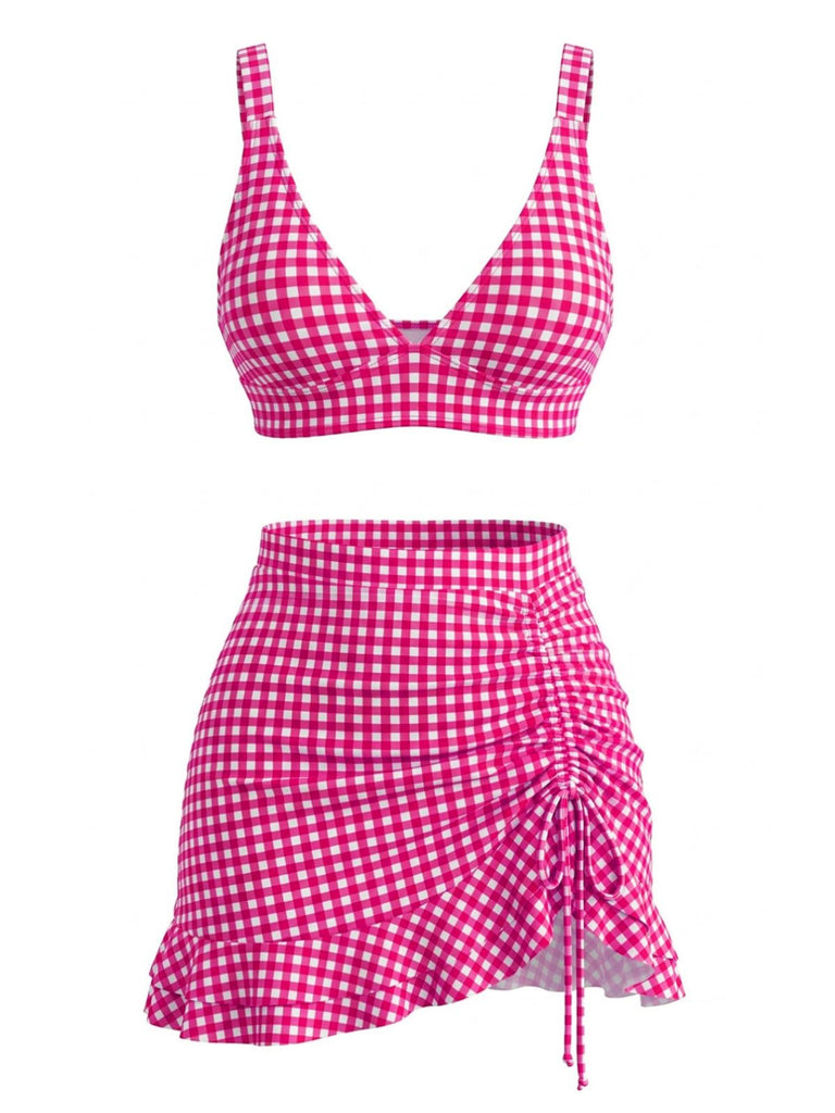 3PCS 1950s Ruffled Hem Plaid Drawstring Tankini Set - vintage fashion, retro style, classic elegance for vintage lovers