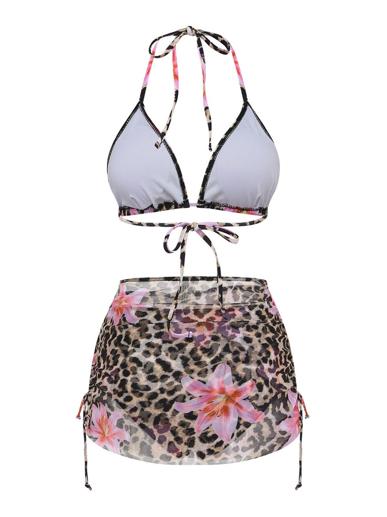 3PCS 1960s Leopard Print Floral Bikini Set - vintage fashion, retro style