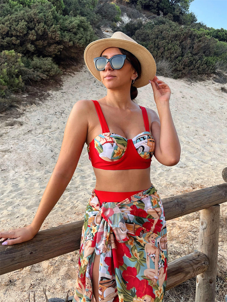 3PCS 1960s Red Retro Lady Bikini Set — vintage elegance for the modern woman