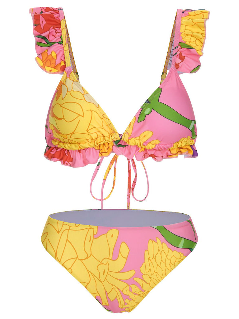 3PCS 1970s Pink Floral Swimsuit Set, vintage swimsuit, pin-up swimwear - perfect for women who love vintage and retro fashion