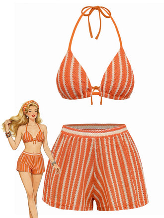 3PCS 1970s Striped Knit Boho Bikini Set & Cover-Up - vintage fashion, retro style