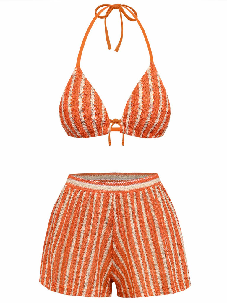 3PCS 1970s Striped Knit Boho Bikini Set & Cover-Up - vintage fashion, retro style