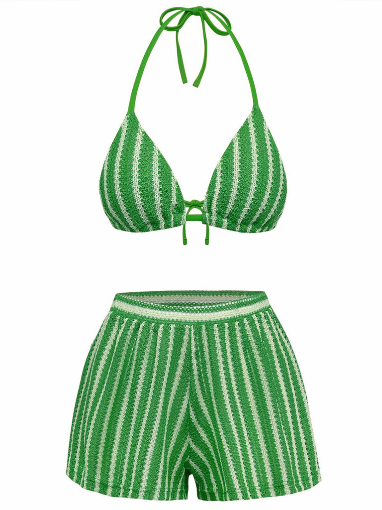 3PCS 1970s Striped Knit Boho Bikini Set & Cover-Up - vintage fashion, retro style
