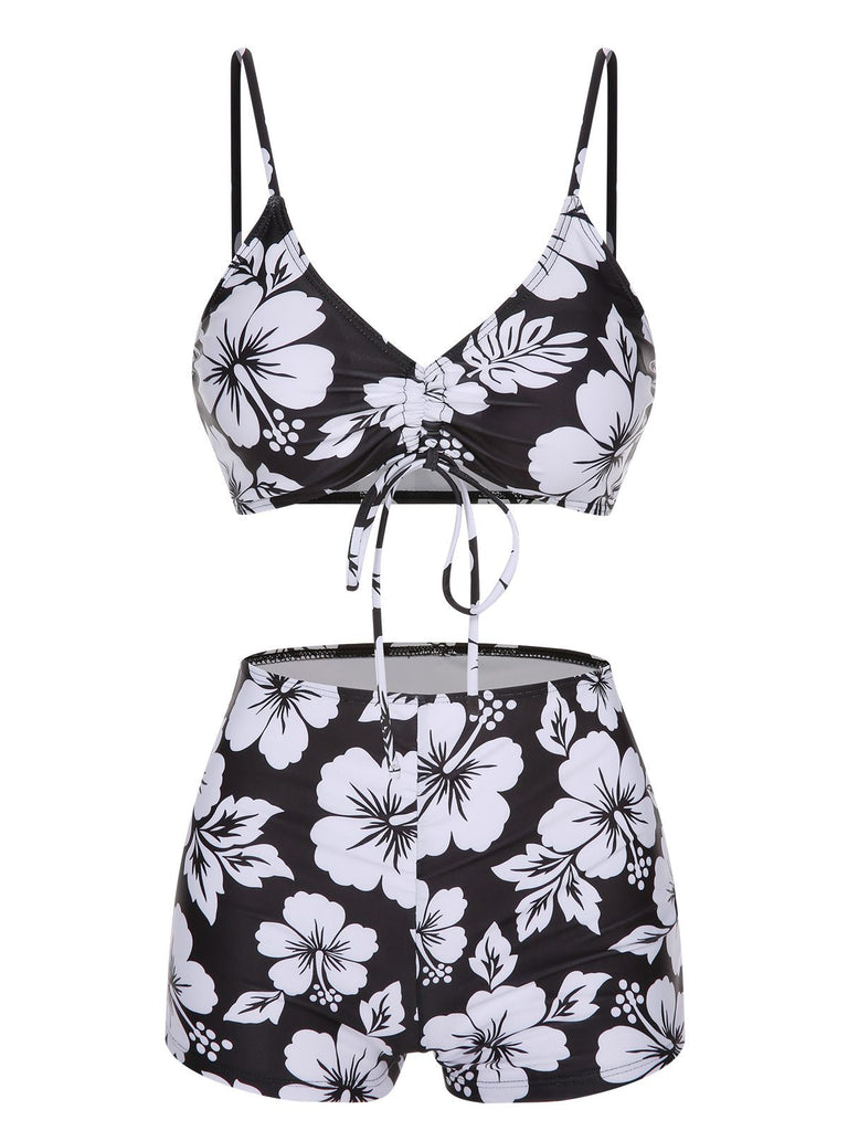 3PCS Black 1950s Flowers Swimsuit & Cover-Up, vintage swimsuit, pin-up swimwear - perfect for women who love vintage and retro fashion