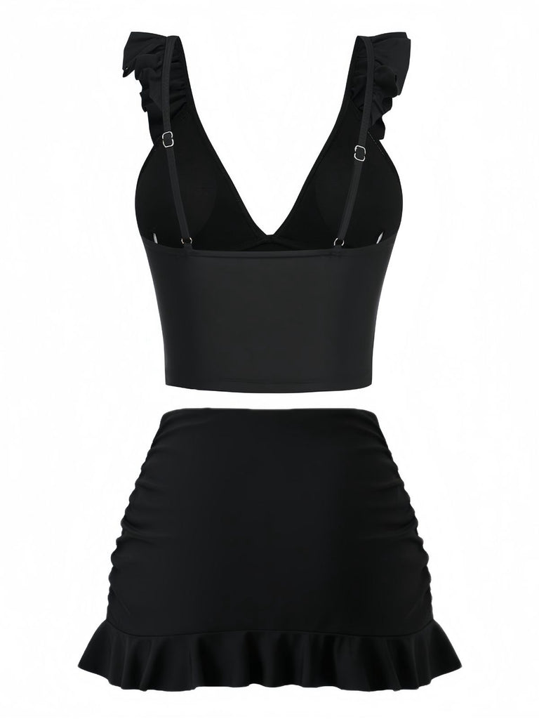 3PCS Black 1950s V-Neck Ruffled Bikini Skirt | vintage skirt, retro style, swing skirt - perfect for retro fashion enthusiasts