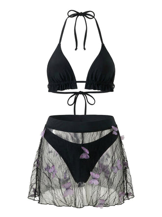 3PCS Black 1980s Butterfly Mesh Bikini Set & Cover-Up - vintage swimwear, retro swimsuit, pin-up style for vintage lovers