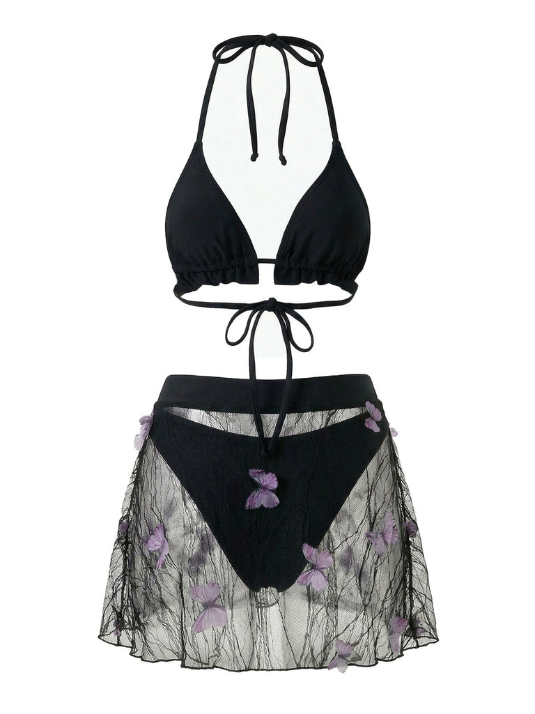3PCS Black 1980s Butterfly Mesh Bikini Set & Cover-Up | vintage swimwear, retro swimsuit, pin-up style - perfect for retro fashion enthusiasts