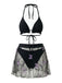 3PCS Black 1980s Butterfly Mesh Bikini Set & Cover-Up | vintage swimwear, retro swimsuit, pin-up style - perfect for retro fashion enthusiasts