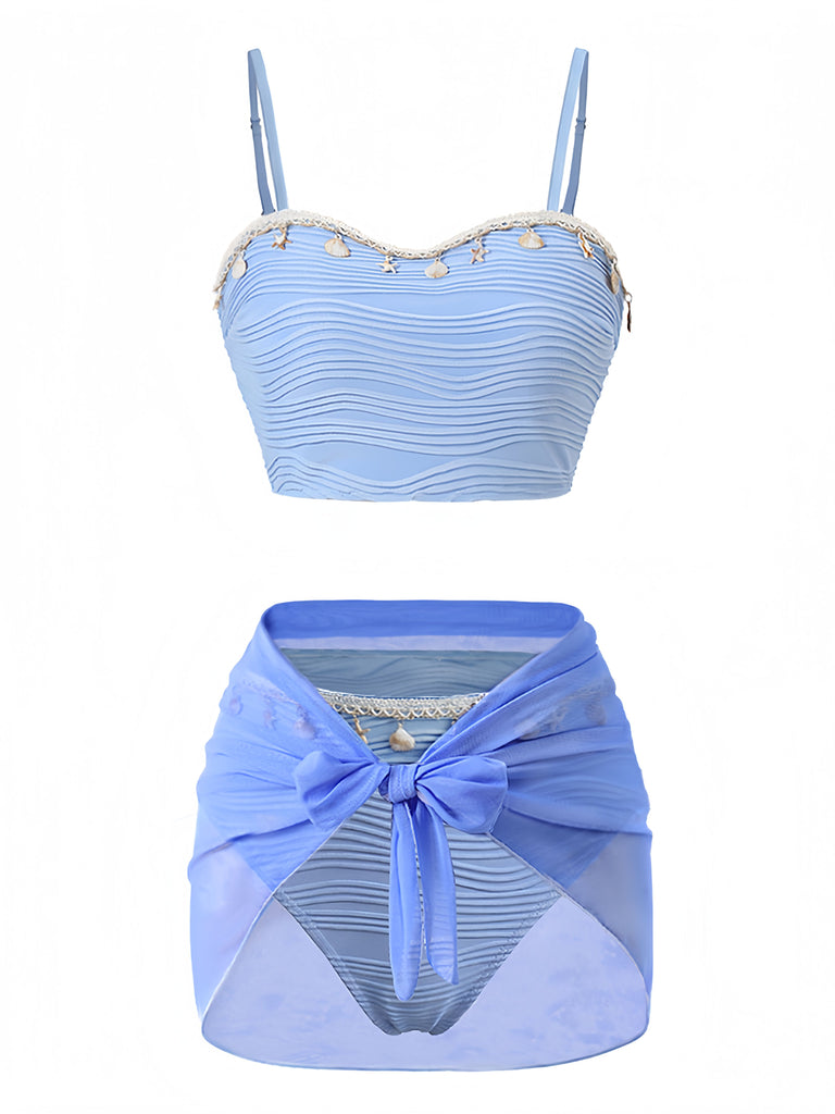 3PCS Blue 1940s Shell Special Fabric Bikini Set: beautiful vintage swimwear, retro swimsuit, pin-up style with timeless appeal